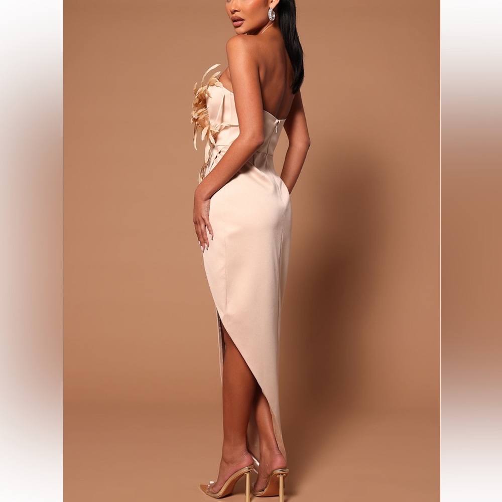 Beige Formal Strapless Dress with Feather Details